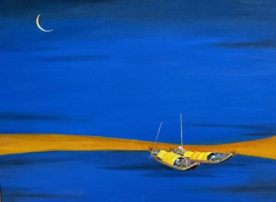 Lot 843 - AN OIL PAINTING ON CANVAS DEPICTING TWO BOATS AT SEA