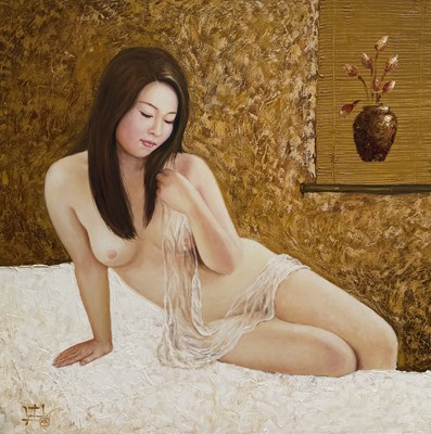 Lot 845 - A LARGE OIL PAINTING ON CANVAS DEPICTING A NUDE LADY