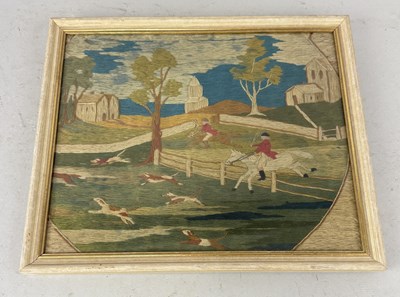 Lot 784 - AN 18TH / 19TH CENTURY WOOL WORK EMBROIDERY DEPICTING A FOX HUNT