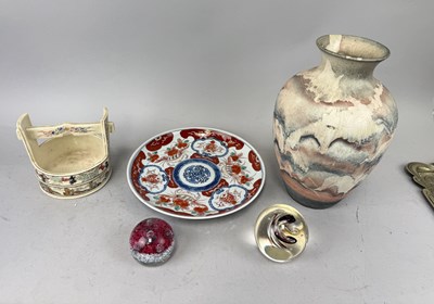 Lot 1177 - A GERMAN VASE ALONG WITH TWO PAPERWEIGHTS, JAPANESE PLATE AND STAND