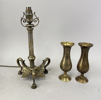 Lot 943 - AN ARTS AND CRAFTS SILVER PLATED TABLE LAMP ALONG WITH A PAIR OF INDIAN VASES