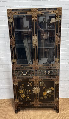 Lot 988 - A CHINOISERIE BLACK LACQUERED AND GOLD PAINTED DISPLAY CABINET, DECORATED WITH BIRDS AND FLOWERS