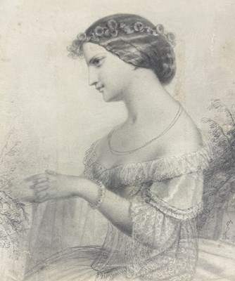 Lot 720 - A 19TH CENTURY FRENCH PENCIL DRAWING ON PAPER DEPICTING A LADY