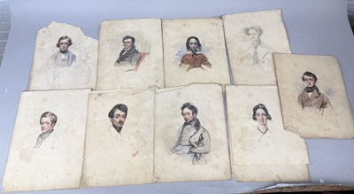 Lot 721 - FRENCH SCHOOL (19TH CENTURY): THE REMNANTS OF A LARGE SKETCHPAD CONTAINING PORTRAITS OF GENTLEMAN AND LADIES
