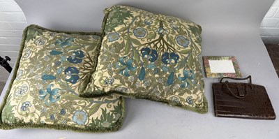 Lot 1180 - A PAIR OF LIBERTY AND CO LARGE CUSHIONS, ALONG WITH A PICTURE FRAME, THREE BAGS AND A VINTAGE CROCODILE SKIN HANDBAG