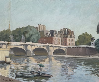Lot 822 - ROGER GUIT (FRENCH): AN OIL PAINTING ON BOARD DEPICTING A RIVER WITH A BRIDGE