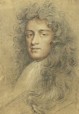 Lot 849 - AN OLD MASTER PRINT ON PAPER DEPICTING A GENTLEMAN, IMITATING A PENCIL AND CHALK DRAWING