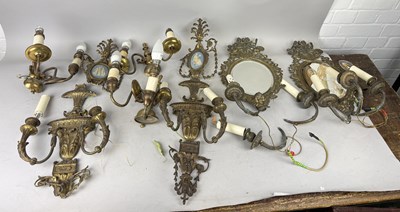 Lot 955 - A GROUP OF ANTIQUE WALL LIGHTS TO INCLUDE WEDGWOOD PLAQUES