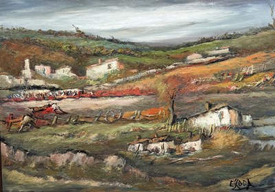 Lot 789 - JUAN ESCODA COROMINA (SPANISH 1920-2012): A LARGE OIL PAINTING ON CANVAS DEPICTING A LANDSCAPE SCENE