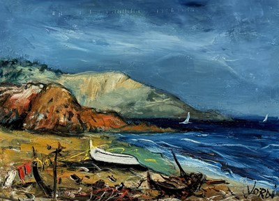Lot 820 - AN OIL PAINTING ON CANVAS DEPICTING A BEACH SCENE WITH SHIPS