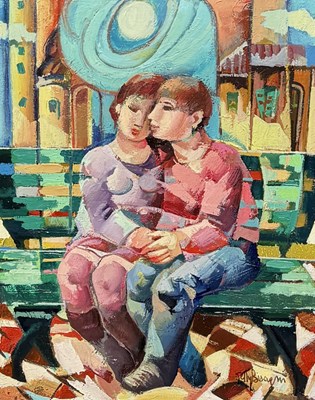 Lot 848 - AN OIL PAINTING ON CANVAS DEPICTING TWO LOVERS ON A BENCH