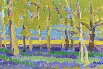 Lot 821 - AN OIL PAINTING ON CANVAS DEPICTING A WOODLAND SCENE WITH TREES AND VIOLETS