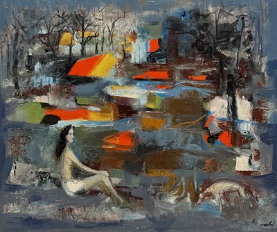 Lot 763 - LUIS VIDAL MOLNE (SPANISH 1907-1970): AN ABSTRACT OIL PAINTING ON CANVAS 'LE CAMPING'