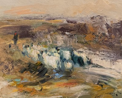 Lot 916 - A FRENCH OIL PAINTING ON CANVAS DEPICTING A LANDSCAPE SCENE WITH SHEEP