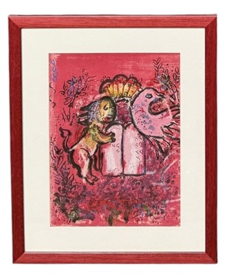 Lot 846 - MARC CHAGALL, LITHOGRAPH IN COLOURS FRONTISPIECE, 1962, LION OF JUDAH WITH THE TABLETS OF LAW