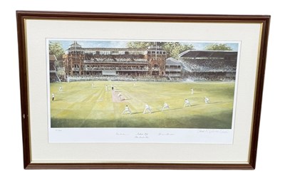 Lot 827 - SHERREE VALENTINE-DAINES: A SIGNED PRINT ON PAPER DEPICTING A CRICKET MATCH, ASHES '89