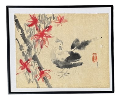 Lot 760 - NGUYEN HOANG HUANH (VIETNAMESE B.1937): A PAINTING ON PAPER DEPICTING A BIRD ON A BRANCH WITH FLOWERS