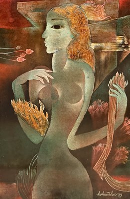 Lot 734 - HO HUU THU (VIETNAMESE B.1942): A LACQUER PAINTING ON WOOD 'GIRL WITH LOTUS'