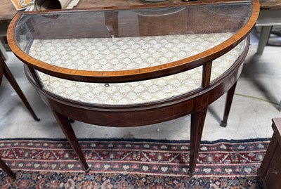Lot 962 - A GEORGIAN AND LATER DEMI LUNE DISPLAY CABINET WITH GLASS TOP AND SIDES