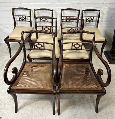 Lot 1079 - A SET OF EIGHT REGENCY MAHOGANY DINING CHAIRS WITH CANE SEATS TO INCLUDE TWO CARVERS (8)