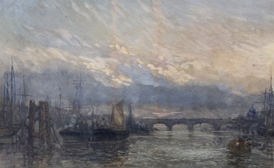 Lot 774 - SAMUEL BOUGH (BRITISH 1822-1878): A WATERCOLOUR PAINTING ON PAPER 'CARGO VESSELS ON THE RIVER THAMES'