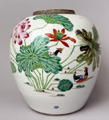 Lot 202 - A CHINESE JAR DECORATED WITH LILYPADS, 19TH CENTURY