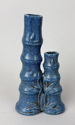 Lot 203 - A CHINESE ROBIN GLAZED FAUX BAMBOO SHOOT DOUBLE SPILL VASE