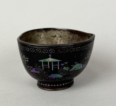 Lot 204 - A CHINESE LACQUERED AND MOTHER OF PEARL INLAID PEACH SHAPED CUP, 17TH CENTURY KANGXI PERIOD