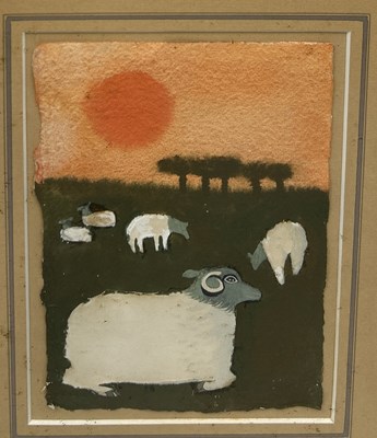 Lot 751 - MARY FEDDEN (BRITISH 1915-2012): A GOACHE AND COLLAGE ON PAPER 'SHEEP AT SUNSET'