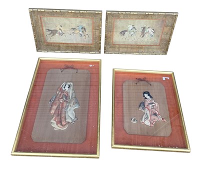Lot 207 - TWO JAPANESE EMBROIDERIES ALONG WITH TWO TANG STYLE PRINTS, FAUX BAMBOO FRAMES