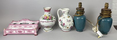 Lot 601 - A FRENCH GIEN FAIENCE INKWELL ALONG WITH SIMILAR VASES AND TWO CLOISONNE LAMPS