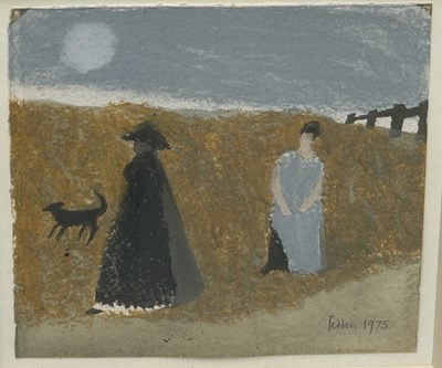 Lot 752 - MARY FEDDEN (BRITISH 1915-2012): A WATERCOLOUR AND BODYCOLOUR PAINTING ON PAPER DEPICTING A BEACH SCENE WITH TWO FIGURES AND A DOG