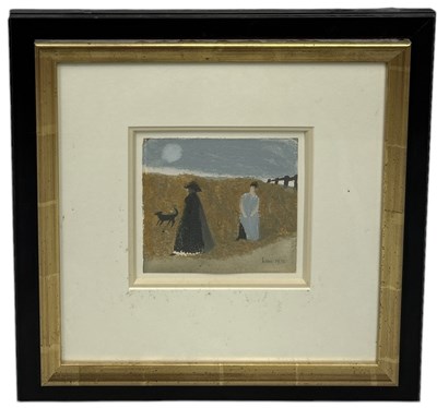 Lot 752 - MARY FEDDEN (BRITISH 1915-2012): A WATERCOLOUR AND BODYCOLOUR PAINTING ON PAPER DEPICTING A BEACH SCENE WITH TWO FIGURES AND A DOG