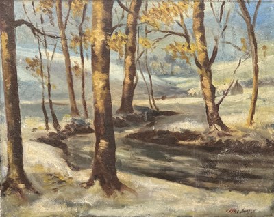 Lot 778 - JAMES MCINTYRE (IRISH 1926 - 2015): AN OIL PAINTING ON CANVAS DEPICTING A LANDSCAPE SCENE WITH TREES