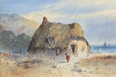Lot 761 - GEORGE JAMES KNOX (IRISH 1810-1897): A WATERCOLOUR PAINTING ON PAPER DEPICTING A FIGURE BY A HOUSE AND THE SEA