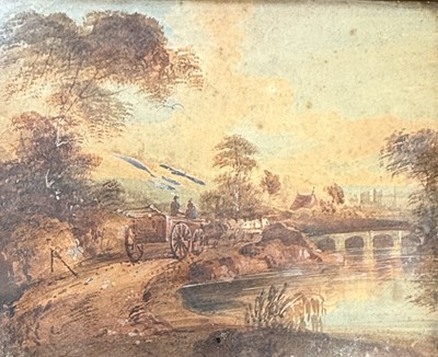 Lot 836 - A 19TH CENTURY WATERCOLOUR PAINTING ON BOARD DEPICTING A HORSE AND CART GOING OVER A BRIDGE