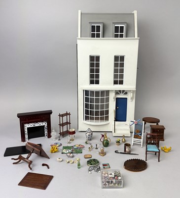 Lot 1164 - A DOLLS HOUSE WITH VARIOUS DOLLS HOUSE MINIATURE ACCESSORIES INCLUDING FURNITURE, VASES ETC