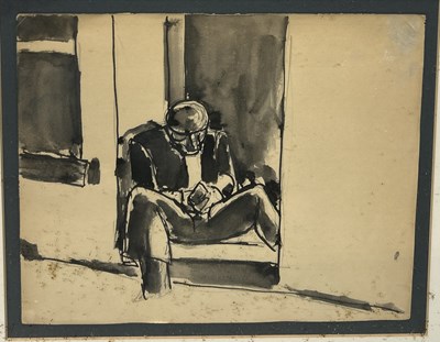 Lot 788 - A JOSEF HERMAN (POLISH-BRITISH): A PEN AND INK WASH DRAWING DEPICTING A SEATED MINER