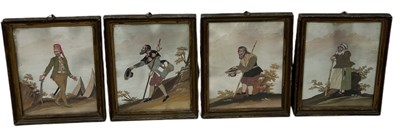 Lot 789 - A SET OF FOUR 19TH CENTURY SILKWORK AND WATERCOLOUR PAINTINGS ON PAPER DEPICTING FIGURES IN TRADITIONAL DRESS (4)