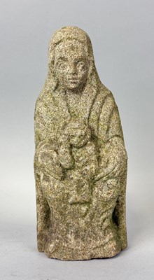 Lot 535 - A MEDIEVAL STONE CARVING OF THE SEATED MADONNA AND CHILD CIRCA 1500 AD