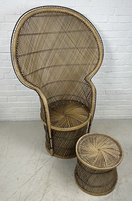 Lot 670 - A LARGE WICKER OR BAMBOO PEACOCK CHAIR AND STOOL