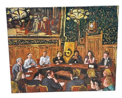 Lot 925 - JONATHAN SILVERMAN: AN OIL PAINTING ON CANVAS DEPICTING A MEETING