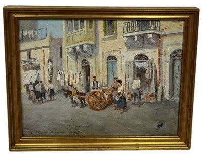 Lot 927 - AN OIL PAINTING ON BOARD DEPICTING STREET VENDORS