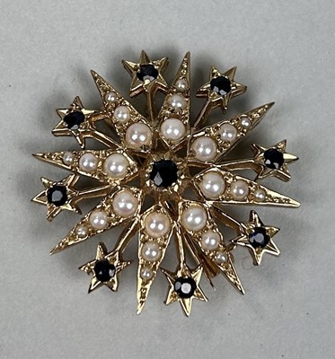 Lot 57 - A 9CT GOLD ANTIQUE STYLE STARBURST BROOCH SET WITH SPLIT PEARLS AND SAPPHIRES