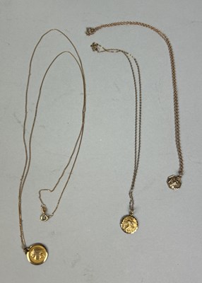 Lot 56 - THREE RELIGIOUS PENDANTS WITH GOLD CHAINS (3)