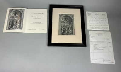 Lot 750 - ALBRECHT DURER: A WOODCUT PRINT 'THE HOLY FAMILY WITH TWO ANGELS IN A VAULTED HALL'