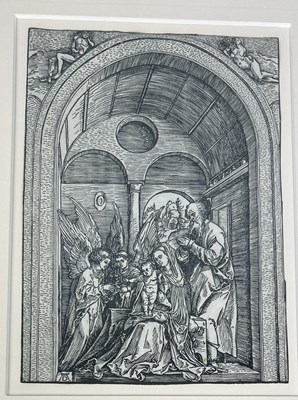 Lot 750 - ALBRECHT DURER: A WOODCUT PRINT 'THE HOLY FAMILY WITH TWO ANGELS IN A VAULTED HALL'