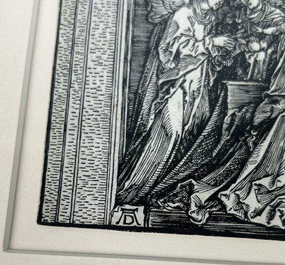 Lot 750 - ALBRECHT DURER: A WOODCUT PRINT 'THE HOLY FAMILY WITH TWO ANGELS IN A VAULTED HALL'