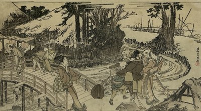 Lot 597 - HOKUSAI KATSUSHIKA (1760-1849): A WOODBLOCK PRINT 'YOKO-E. SCENE BY A BRIDGE, SEAL OF HAYASHI'