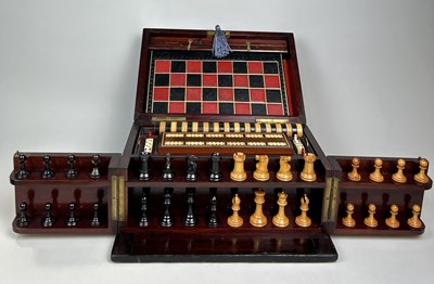 Lot 684 - AN EARLY VICTORIAN MAHOGANY BOXED GAMES COMPENDIUM WITH STAUNTON CHESS PIECES